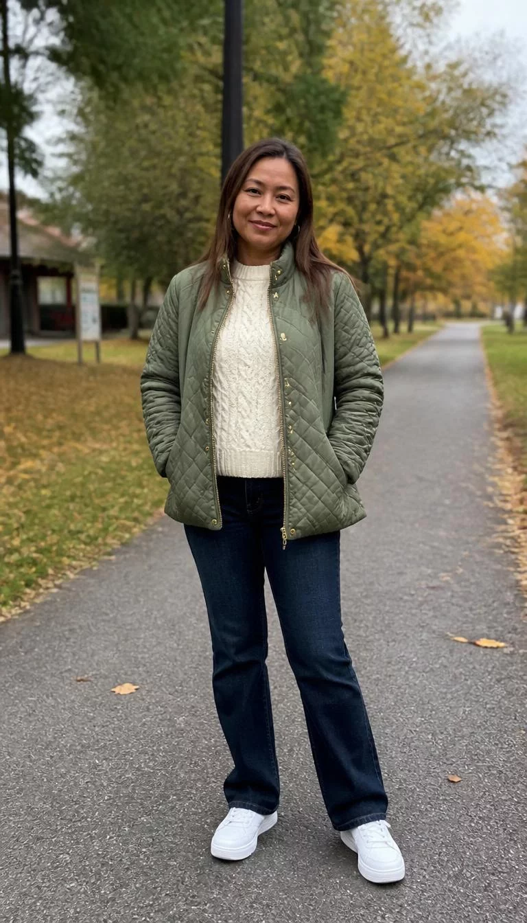 A photorealistic full body shot of a 47-year-old Southeast Asian woman with a square face, deep brown, button nose, feathered eyebrows, and full lips. Her face features dimples, faint under-eye shadows, and subtle natural facial asymmetry. She has round dark brown eyes, rounded cheeks, broad smile, thoughtful. She is average build with long brown straight hair and is wearing a cream cable-knit sweater, a green quilted jacket, dark wash jeans, and white sneakers, everyday social media post aesthetic, high-quality mobile photography, shot on an iPhone 14.