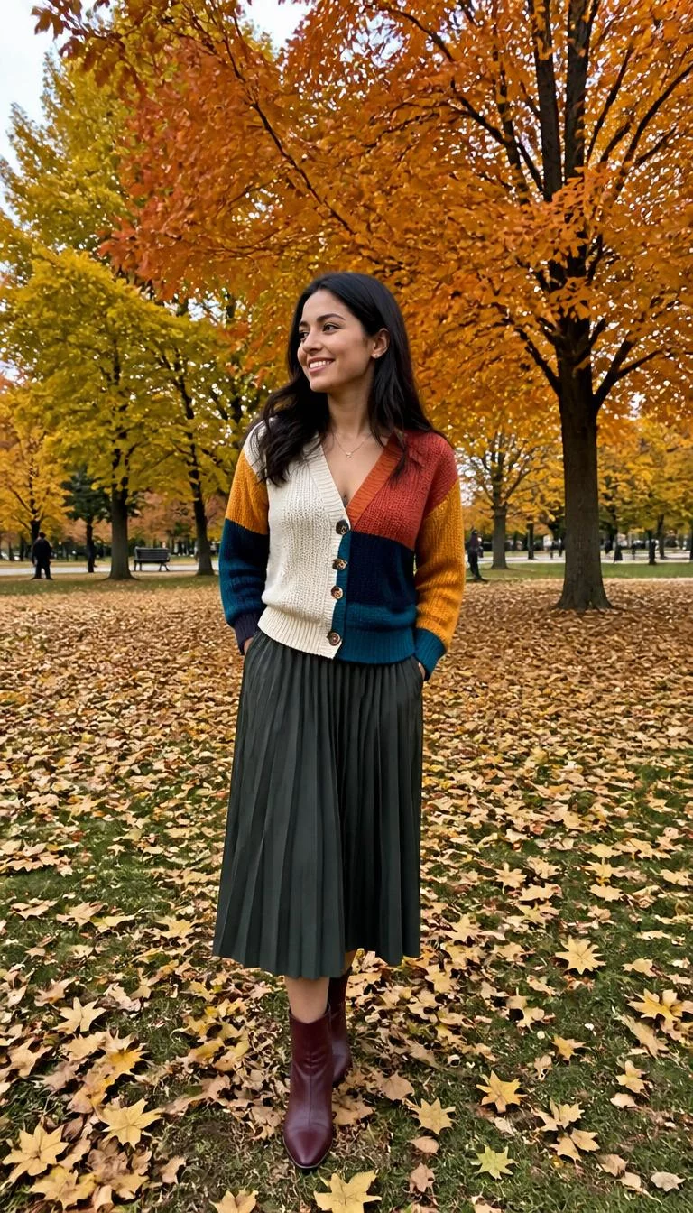 A photorealistic full body shot of a 38-year-old Latina woman with a pear-shaped face, olive, button nose, thick natural eyebrows, and full lips. Her face features gap between front teeth, slightly flushed cheeks, and subtle natural facial asymmetry. She has downturned dark brown eyes, soft cheekbones, broad smile, thoughtful. She is petite with dark brown long hair and is wearing a colorful multi-paneled cardigan, pleated skirt, and burgundy boots, a park with vibrant orange and yellow autumn foliage, everyday social media post aesthetic, high-quality mobile photography, shot on an iPhone 14.