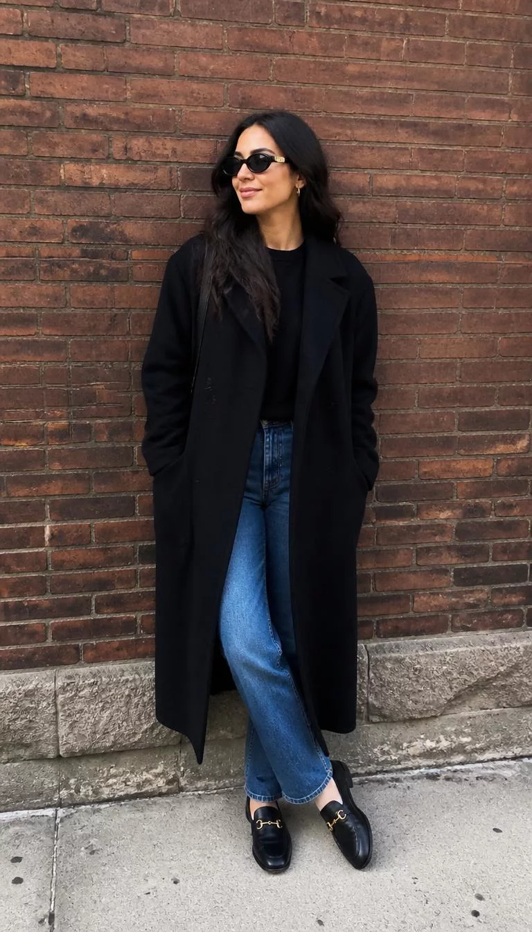 A photorealistic full body shot of a 26-year-old Middle Eastern woman with a pear-shaped face, deep brown, upturned nose, thick natural eyebrows, and thin lips. Her face features slightly crooked smile, a few laugh lines, and subtle natural facial asymmetry. She has almond-shaped brown eyes, high cheekbones, subtle smile, confident. She is petite with brown long wavy hair and is wearing a black long coat, blue jeans, and black loafers, she wears sunglasses, standing against a brick wall, everyday social media post aesthetic, high-quality mobile photography, shot on an iPhone 14.