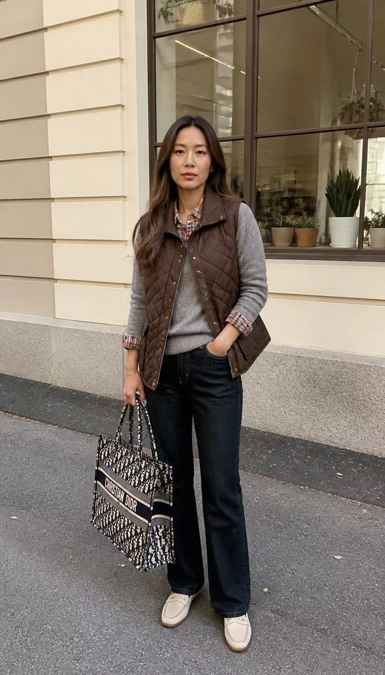 A photorealistic full body shot of a 33-year-old East Asian woman with a square face, golden brown, button nose, straight eyebrows, and heart-shaped lips. Her face features beauty mark near the lip, faint under-eye shadows, and subtle natural facial asymmetry. She has hooded dark brown eyes, soft cheekbones, neutral expression, relaxed. She is slim with brown long wavy hair and is wearing a grey sweater over an orange and white plaid shirt, dark wash jeans, and a quilted brown vest, she holds a designer tote bag, outdoors, everyday social media post aesthetic, high-quality mobile photography, shot on an iPhone 14.