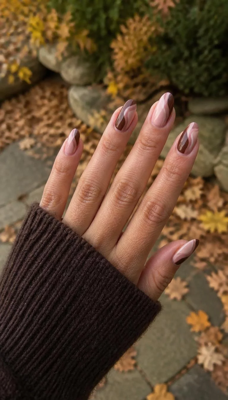 A photorealistic close-up shot of a woman's olive skin tone hand with five fingers, showcasing almond-shaped medium-length nails featuring chic wavy patterns in alternating shades of light pink and various browns, outdoor fall background