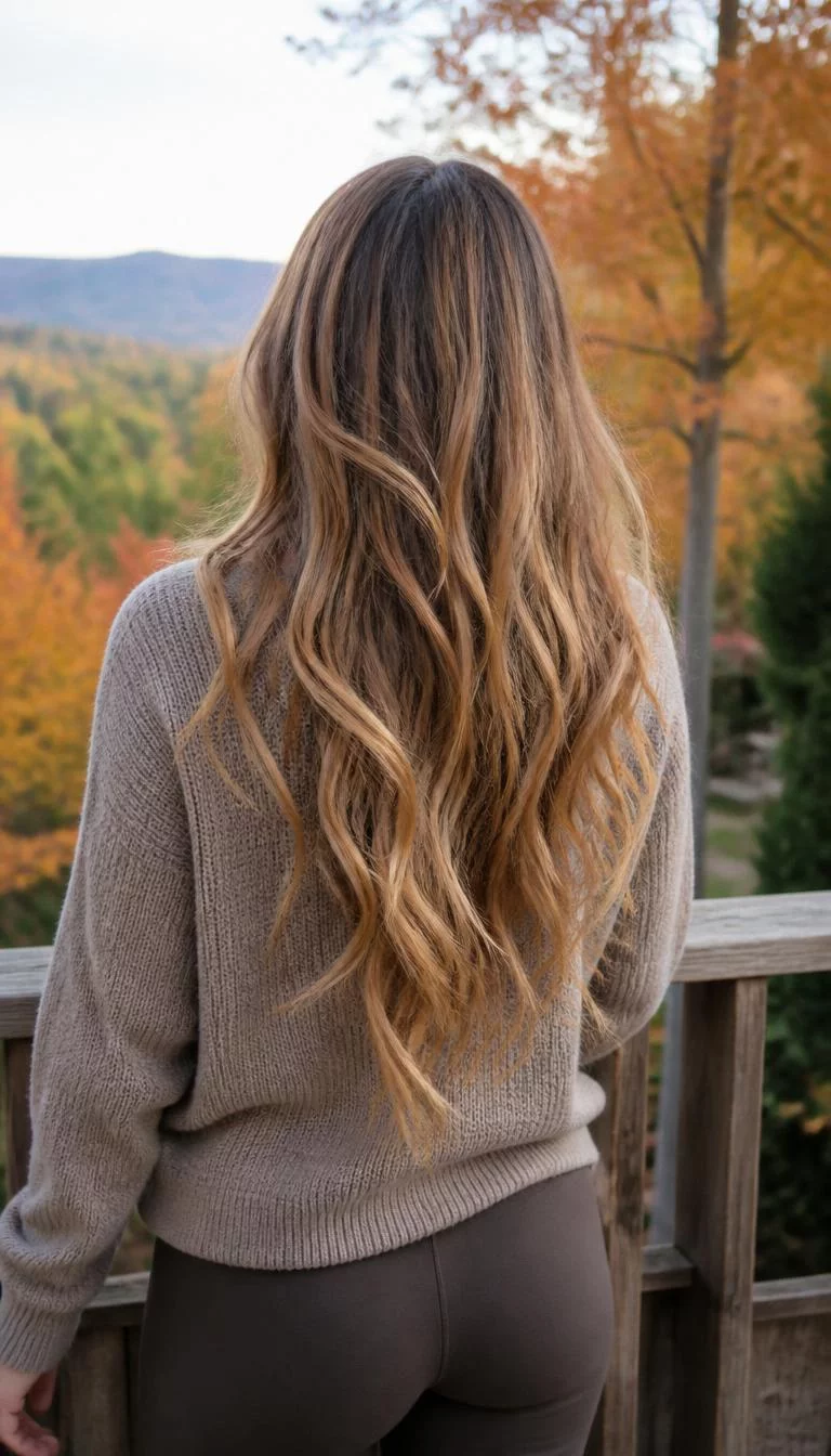 Creamy Butterscotch Ombre A back shot with face not visible photo of a 43-year-old Southeast Asian woman with a oblong face, fair, narrow nose, thick natural eyebrows, and thin lips. Her face features dimples, light freckles, and subtle natural facial asymmetry. She has deep-set green eyes, rounded cheeks, closed-mouth smile, playful. She is slim and is wearing a Taupe Sweater with butterscotch blonde ombre long wavy hair, bright natural daylight, fall outdoor background