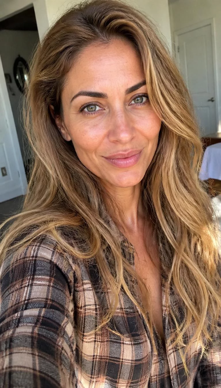 Honeyed Chai Blonde selfie of a 41-year-old Southern European woman with a diamond face, deep brown, narrow nose, straight eyebrows, and full lips. Her face features uneven eyebrows, subtle acne marks, and subtle natural facial asymmetry. She has round gray eyes, rounded cheeks, subtle smile, confident. She is slim and is wearing a Chocolate Brown Plaid Shirt with honeyed chai warm blonde long beachy waves hair, bright natural daylight, indoor