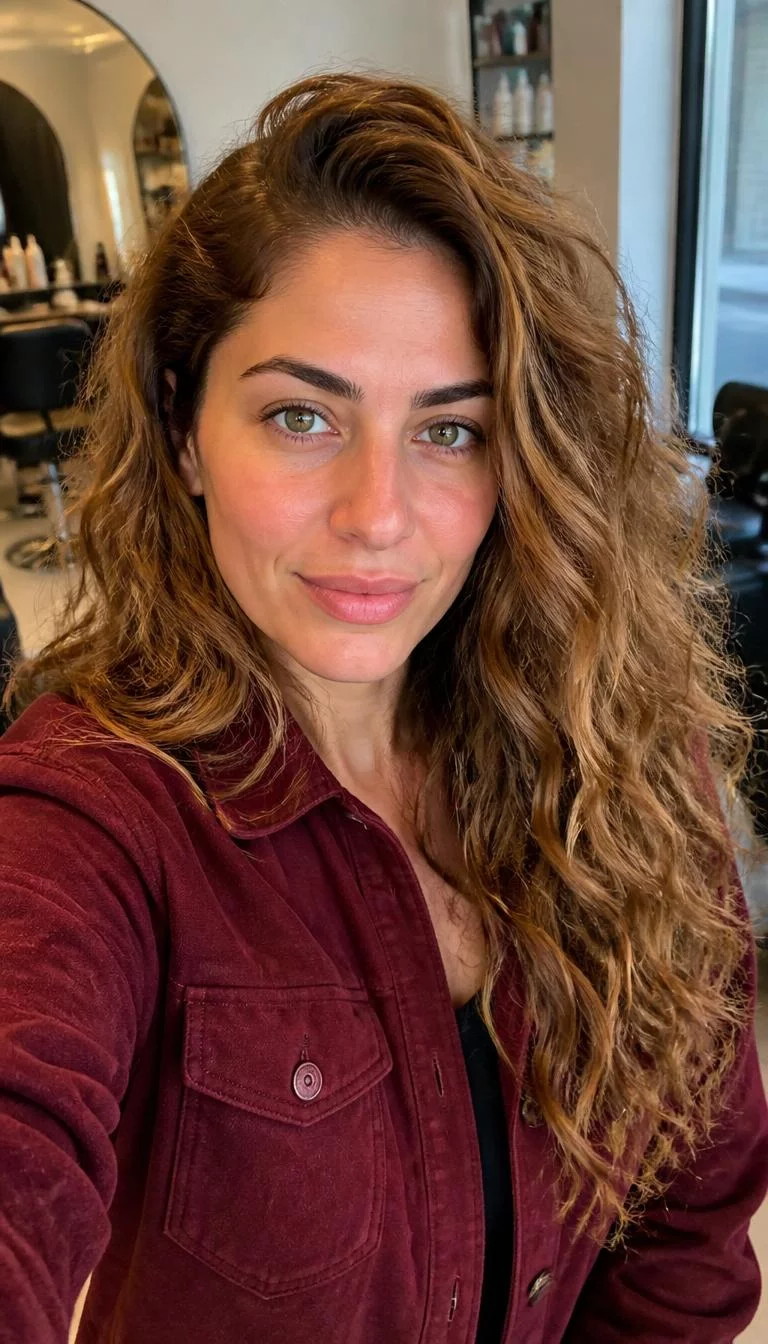 Golden Amber Highlights selfie of a 32-year-old Mediterranean woman with a round face, olive, straight nose, feathered eyebrows, and full lips. Her face features widow's peak hairline, slightly flushed cheeks, and subtle natural facial asymmetry. She has deep-set green eyes, pronounced cheekbones, neutral expression, cheerful. She is petite and is wearing a Maroon Shacket with golden amber curly long hair, soft window light, hair salon