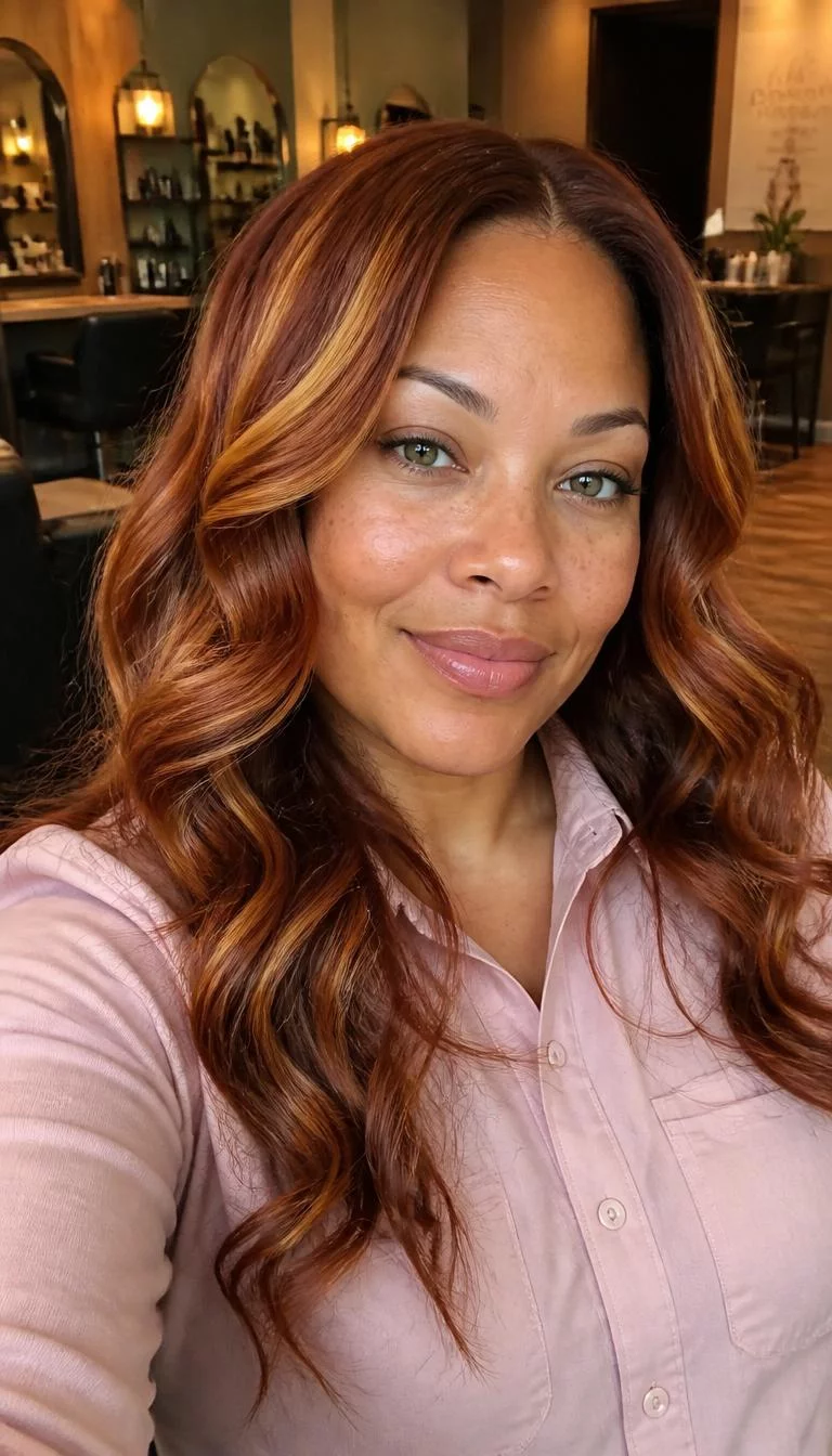 Spiced Cider Balayage selfie of a 42-year-old Afro-Caribbean woman with a square face, fair, button nose, thin arched eyebrows, and full lips. Her face features small scar on the eyebrow, light freckles, and subtle natural facial asymmetry. She has hooded green eyes, rounded cheeks, broad smile, thoughtful. She is petite and is wearing a Blush Pink Chambray Shirt with spiced cider copper and gold long wavy hair, warm indoor lighting, hair salon