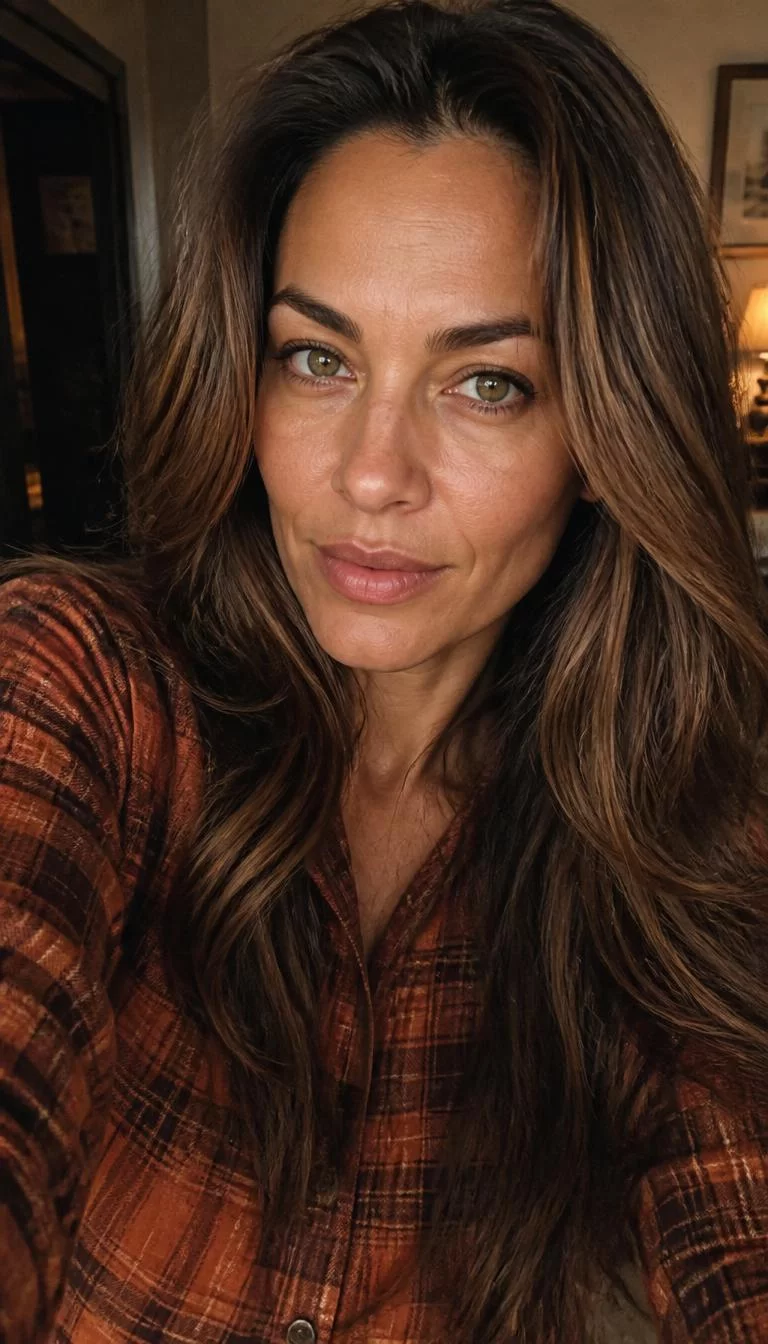 Warm Toffee Babylights selfie of a 42-year-old Mixed-race woman with a oval face, olive, upturned nose, thick natural eyebrows, and heart-shaped lips. Her face features widow's peak hairline, faint under-eye shadows, and subtle natural facial asymmetry. She has hooded green eyes, pronounced cheekbones, neutral expression, confident. She is athletic and is wearing a Rust Plaid Shirt with toffee brown highlights long layered hair, warm indoor lighting, indoor
