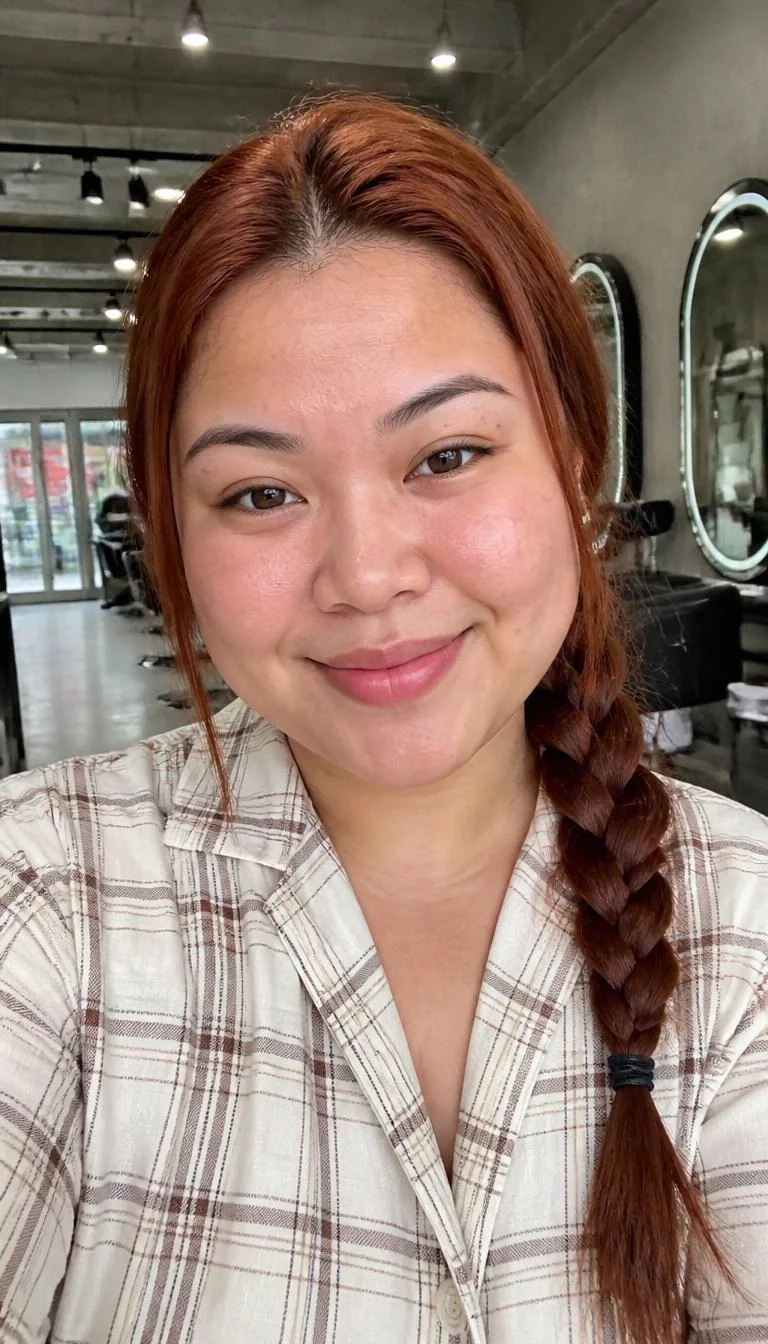 Burnt Sienna Melt selfie of a 25-year-old Southeast Asian woman with a round face, fair, broad nose, thin arched eyebrows, and full lips. Her face features widow's peak hairline, subtle acne marks, and subtle natural facial asymmetry. She has hooded amber eyes, rounded cheeks, closed-mouth smile, cheerful. She is athletic and is wearing a Ivory Plaid Shirt with burnt sienna reddish-brown long braided hair, overcast daylight, hair salon