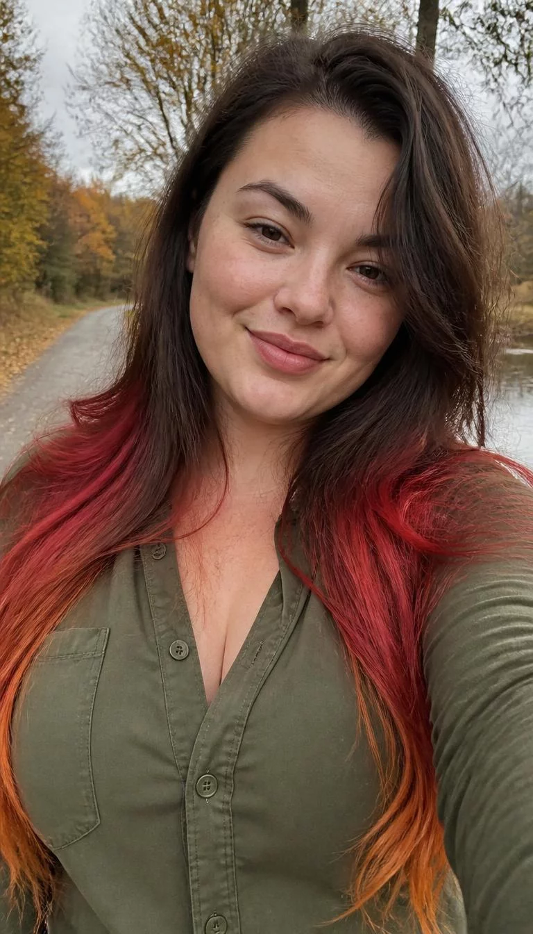 Chestnut Brown with Sunsets selfie of a 30-year-old Eastern European woman with a square face, fair, broad nose, thick natural eyebrows, and full lips. Her face features uneven eyebrows, light freckles, and subtle natural facial asymmetry. She has monolid dark brown eyes, high cheekbones, closed-mouth smile, confident. She is curvy and is wearing a Olive Green Oxford Shirt with chestnut brown hair with red and orange tips long layered hair, overcast daylight, fall outdoor background