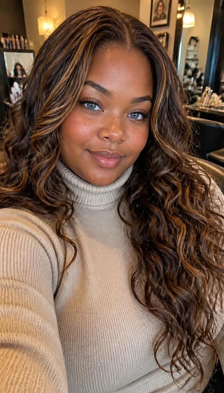 Mocha with Gold Swirls selfie of a 23-year-old Afro-Caribbean woman with a diamond face, dark brown, broad nose, thin arched eyebrows, and wide lips. Her face features faint freckles across the nose, slightly flushed cheeks, and subtle natural facial asymmetry. She has round blue eyes, rounded cheeks, subtle smile, confident. She is plus-size and is wearing a Beige Turtleneck Sweater with mocha brown and gold highlights long curly hair, warm indoor lighting, hair salon