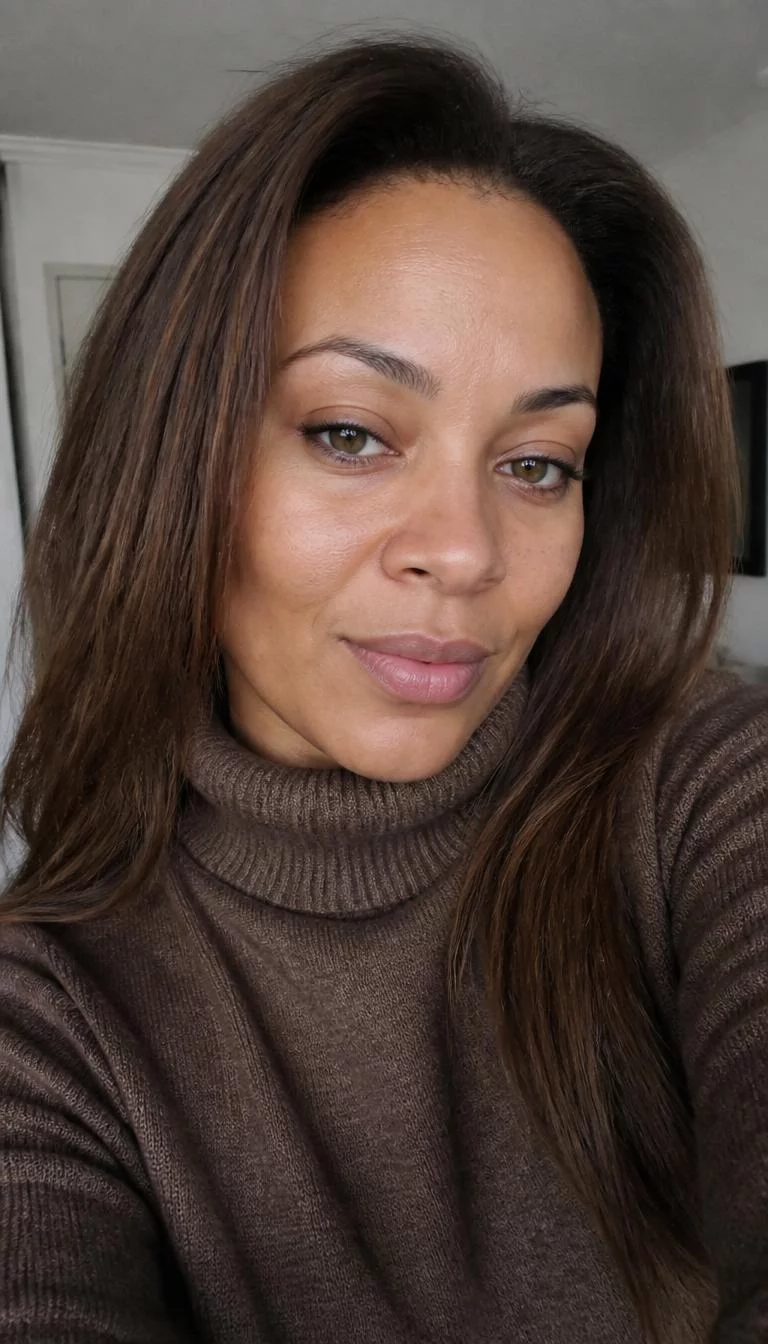 selfie of a 35-year-old Mixed-race woman with a heart-shaped face, golden brown, upturned nose, softly curved eyebrows, and wide lips. Her face features uneven eyebrows, visible pores, and subtle natural facial asymmetry. She has deep-set hazel eyes, pronounced cheekbones, subtle smile, thoughtful. She is average and is wearing a Brown Turtleneck Sweater with toasted walnut medium brown long straight hair, overcast daylight, indoor