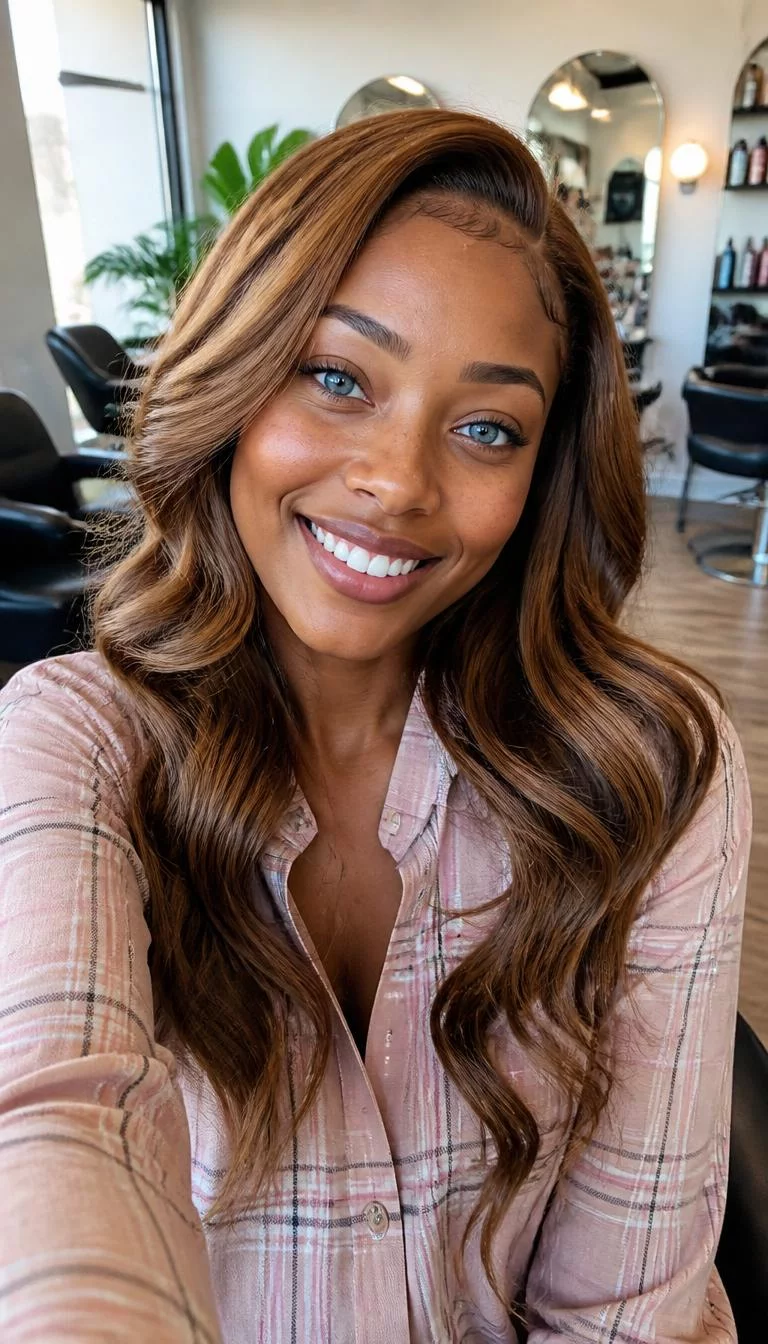 Golden Hour Bronze selfie of a 27-year-old Black African woman with a square face, tan, button nose, straight eyebrows, and full lips. Her face features uneven eyebrows, light freckles, and subtle natural facial asymmetry. She has round blue eyes, high cheekbones, broad smile, confident. She is slim and is wearing a Blush Pink Plaid Shirt with bronze metallic long wavy hair, soft window light, hair salon