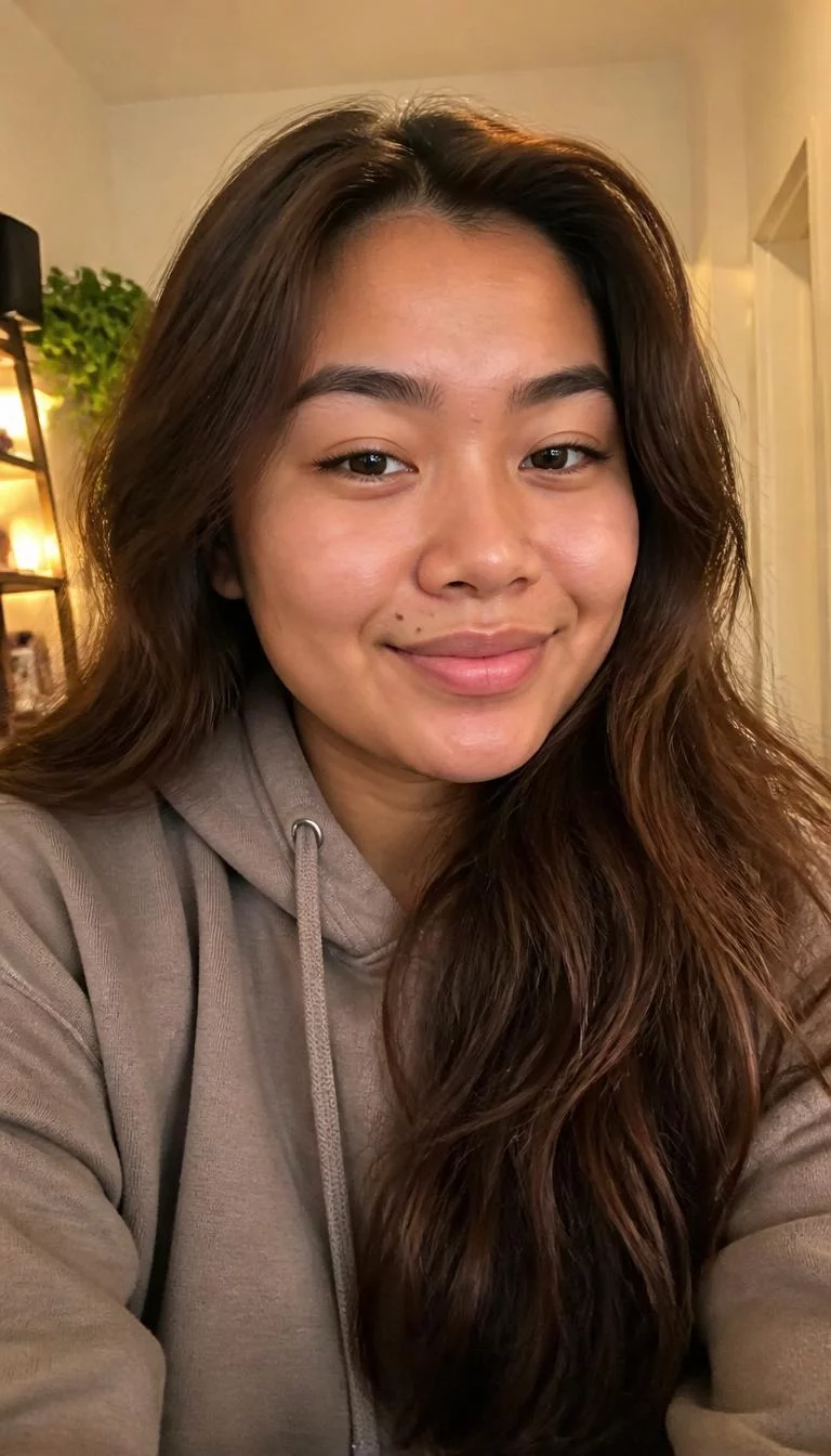 Candied Pecan Brown selfie of a 24-year-old Southeast Asian woman with a oblong face, tan, rounded nose, thick natural eyebrows, and full lips. Her face features beauty mark near the lip, subtle acne marks, and subtle natural facial asymmetry. She has monolid dark brown eyes, high cheekbones, closed-mouth smile, cheerful. She is average and is wearing a Taupe Hoodie with candied pecan warm brown long wavy hair, warm indoor lighting, indoor