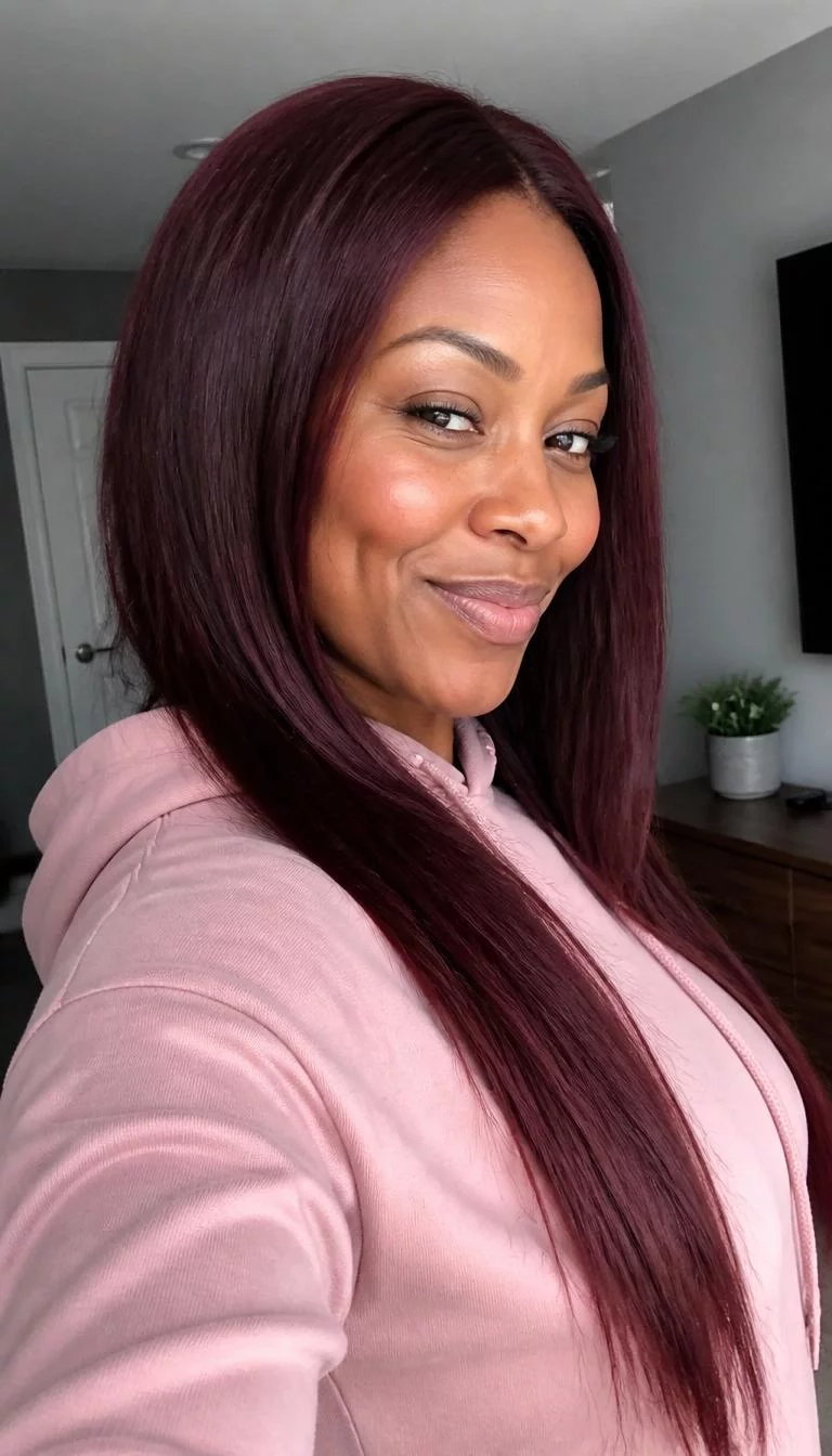 Deep Burgundy Wine A side photo selfie of a 44-year-old Black African woman with a heart-shaped face, tan, aquiline nose, straight eyebrows, and heart-shaped lips. Her face features dimples, slightly flushed cheeks, and subtle natural facial asymmetry. She has downturned hazel eyes, soft cheekbones, broad smile, playful. She is athletic and is wearing a Blush Pink Hoodie with deep burgundy wine long straight hair, overcast daylight, indoor
