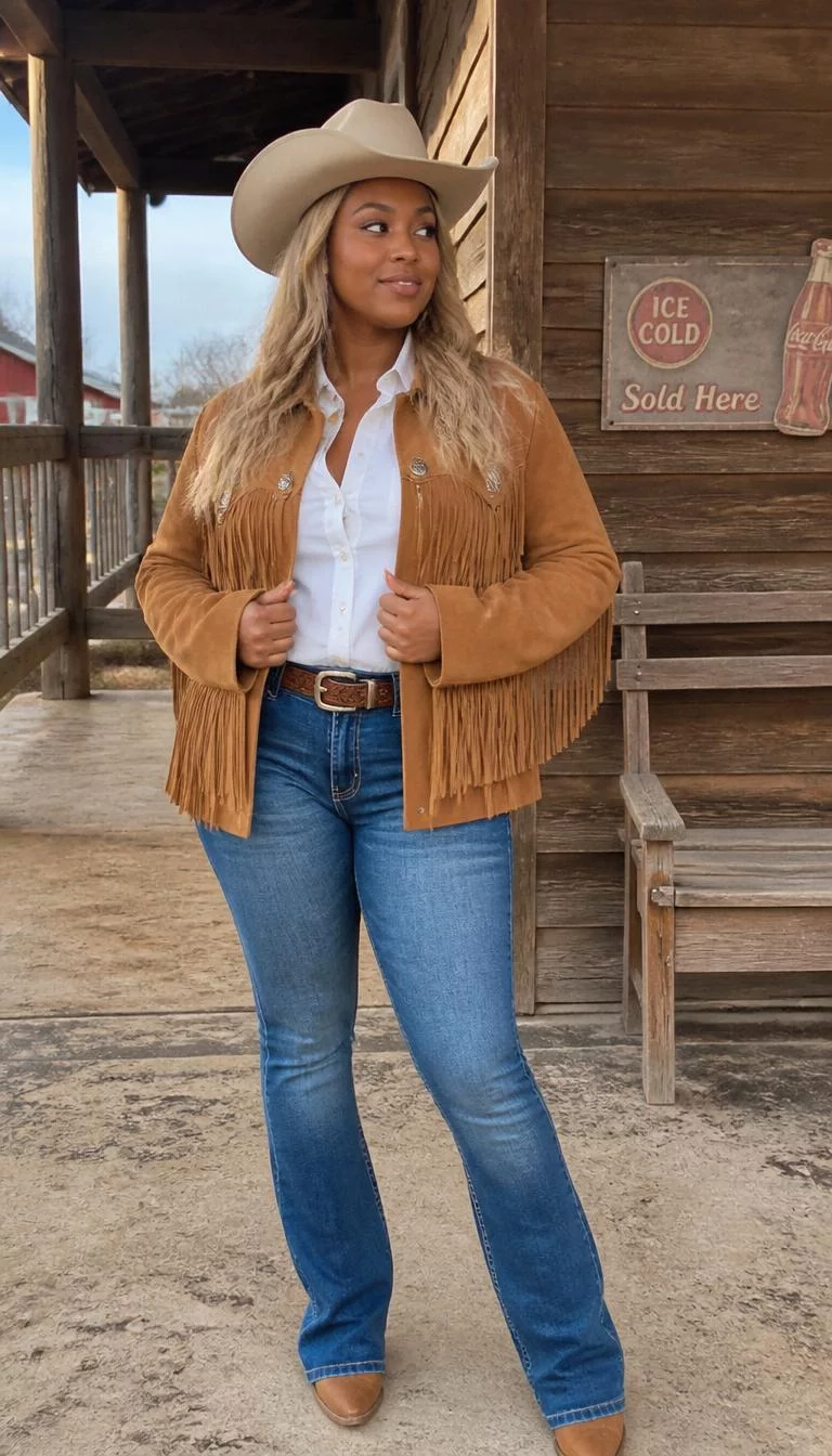 Tan Fringed Suede Jacket and White Button Up A photorealistic full body shot of a 30-year-old Afro-Caribbean woman with a round face, dark brown, upturned nose, straight eyebrows, and full lips. Her face features uneven eyebrows, faint under-eye shadows, and subtle natural facial asymmetry. She has monolid amber eyes, pronounced cheekbones, neutral expression, cheerful. She is athletic build with blonde hair and is wearing a tan fringed suede jacket, white button-up shirt, blue jeans, and a light-colored cowboy hat near a rustic building, everyday social media post aesthetic, high-quality mobile photography, shot on an iPhone 14.